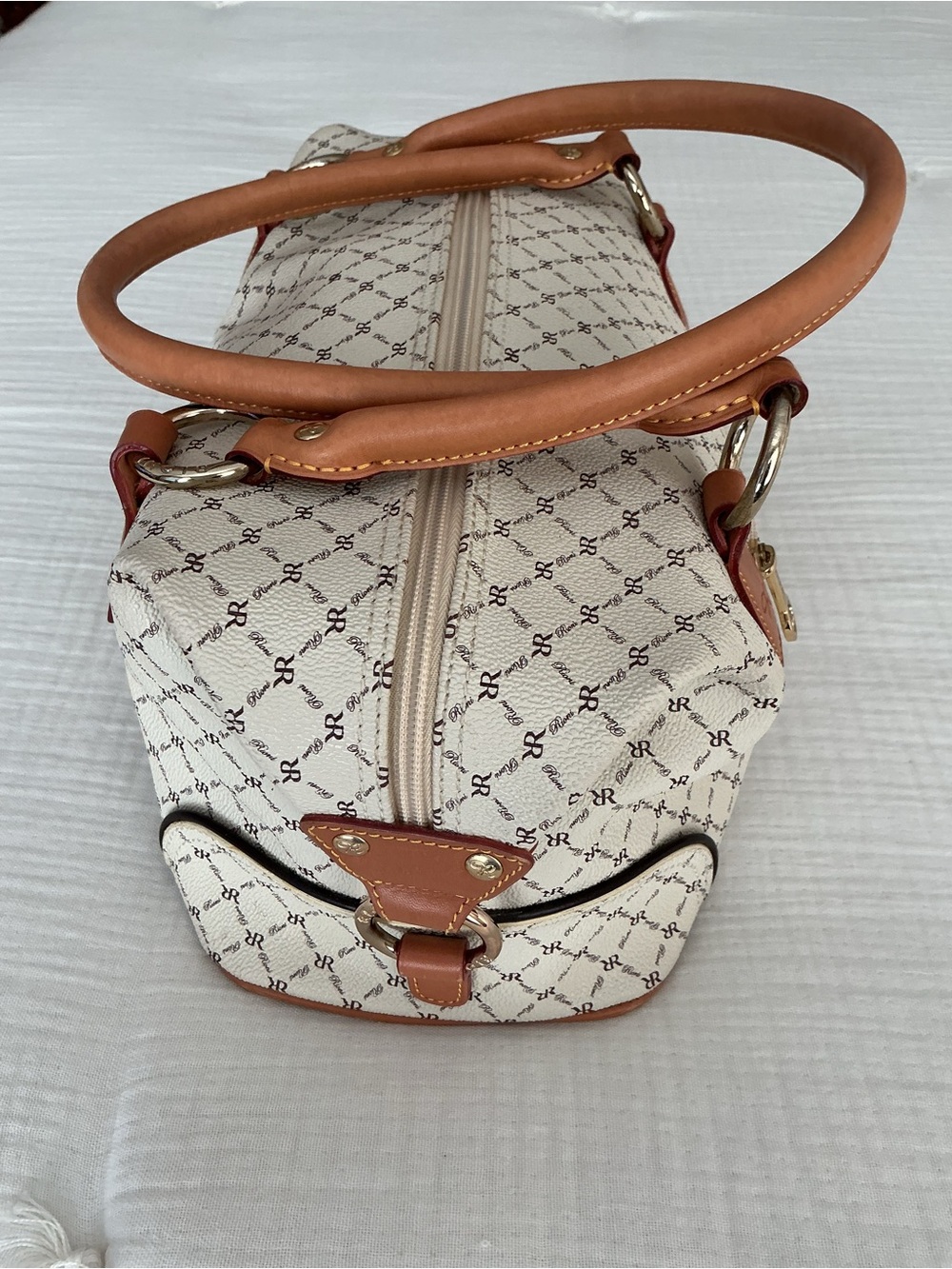 RIONI Felicity Monogram Ivory Satchel with Tan Leather Handles - Picture 3 of 9